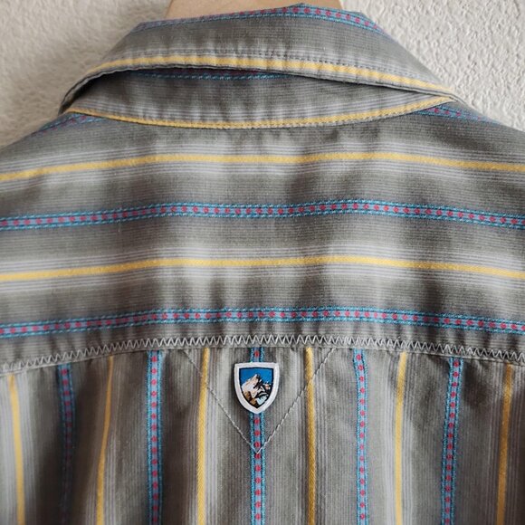 Kuhl Shirt Mens Medium Gray Blue Yellow Striped Short Sleeve Button Up Outdoor - Picture 11 of 13
